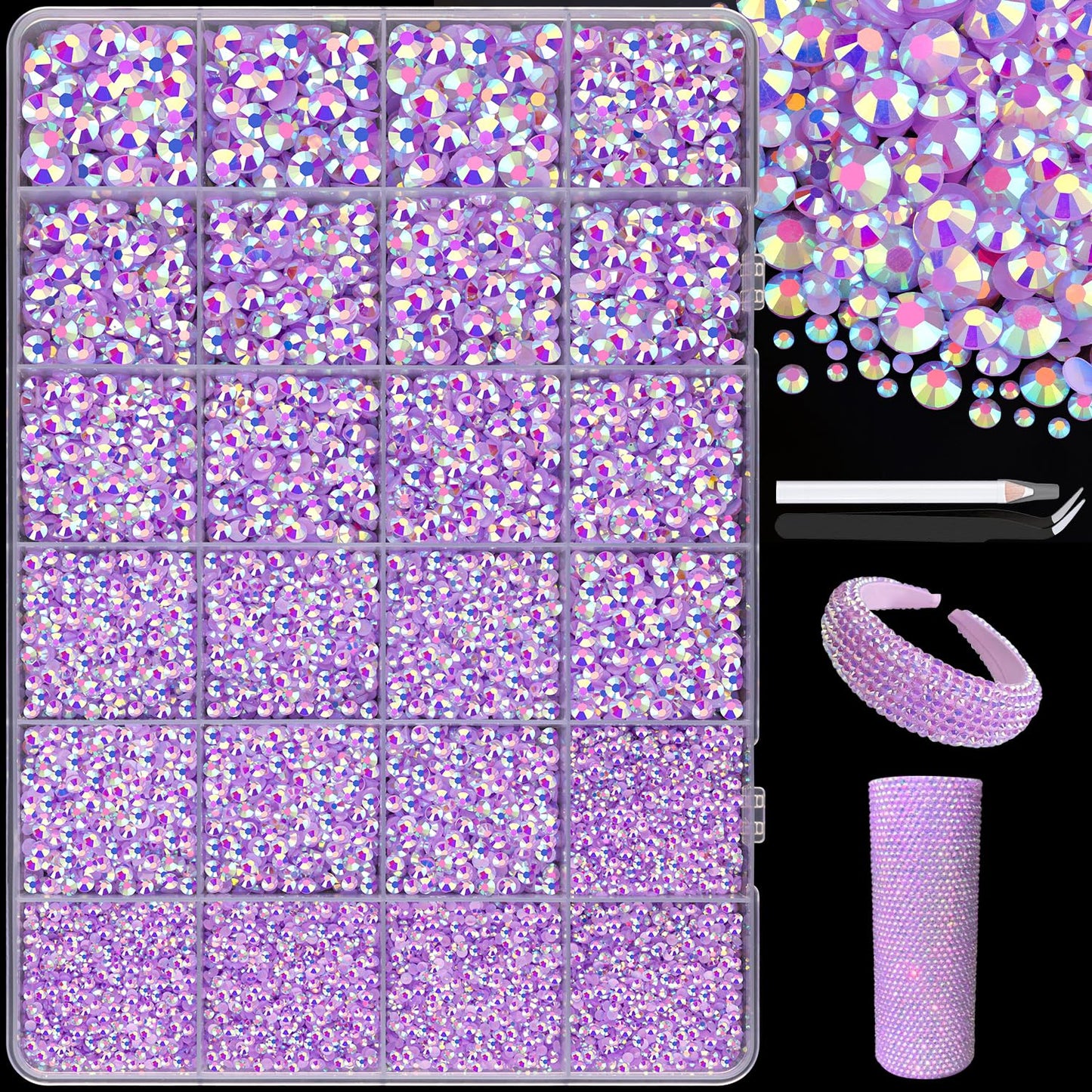 25000Pcs Resin Jelly Rhinestones with Tweezers for Crafting, 2-6mm Mixed Sizes (Lavender Purple AB) Non Hotfix Flatback Gems, Bedazzling Crystal for DIY Crafts Clothing Tumblers Shoes Decor Nail Art-BrightBean Baby