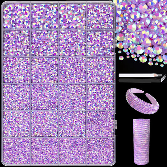 25000Pcs Resin Jelly Rhinestones with Tweezers for Crafting, 2-6mm Mixed Sizes (Lavender Purple AB) Non Hotfix Flatback Gems, Bedazzling Crystal for DIY Crafts Clothing Tumblers Shoes Decor Nail Art-BrightBean Baby