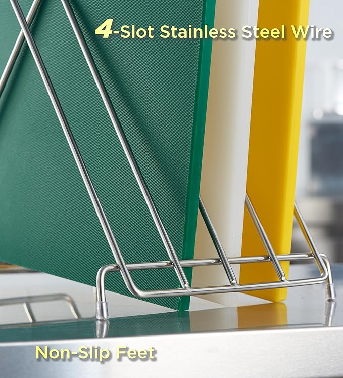 CURTA 4-Piece NSF 20" x 14" x 1/2" Multi-Colored Flexible Cutting Board Kit with Stainless steel Storage Rack, Color Coded Plastic Chopping Board with Anti Slip Surface Dishwasher Safe