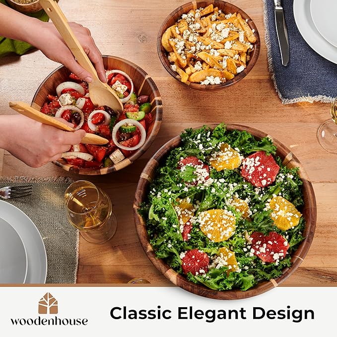 Wooden Bowls, Wooden Salad Bowl Set of 3 - Round Design Large Salad Bowl Set for Serving, Handmade, Durable and Stylish Natural Wood Dining Accessory by Woodenhouse