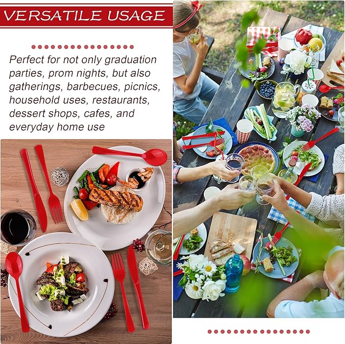 300 Pieces Christmas Red Plastic Silverware Heavy Duty Plastic Cutlery Set Heavyweight Disposable Flatware Includes Spoons Forks Knifes for Party Prom Night Wedding Dinner