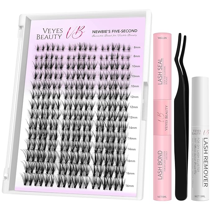 VEYESBEAUTY Lash Clusters Kit Eyelash Extensions Thin & Invisible Band DIY Individual False Eyelashes Newbie's Five-Second Series Lash Tray for Self-application, Whisper Lash 8-16mm Mixed Length-BrightBean Baby