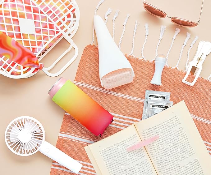 Pinch Provisions Super Summer Jelly Tote, 12 Beach & Poolside Accessories For Beauty, Perfect for Pool & Beach Days, Includes Oil Absorbing Roller, Rechargable Fan, Towel Clips, & Ice Roller-BrightBean Baby