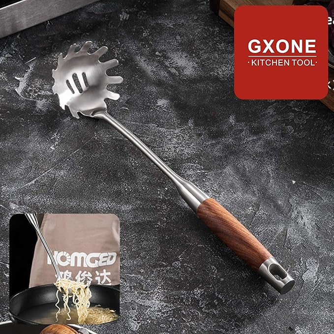 Spaghetti Spoon,304 Stainless Steel Pasta Spoon with Heat Resistant Wooden Handle,Silver/14.2Inch