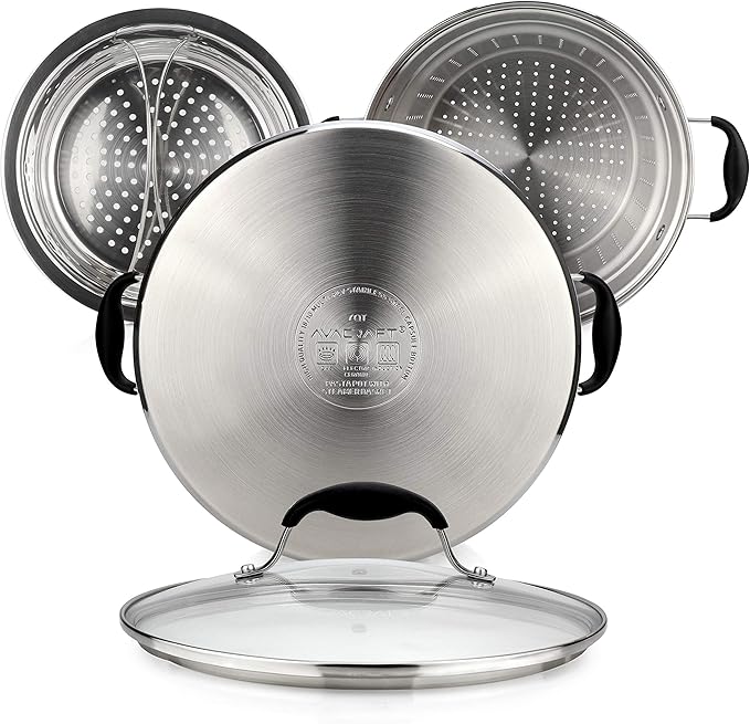 AVACRAFT 18/10 Stainless Steel, 4 Piece Pasta Pot with Strainer Insert, Stock Pot with Steamer Basket and Pasta Pot Insert, Pasta Cooker Set with Glass Lid, 7 Quart