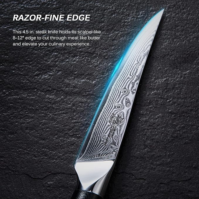 KYOKU Damascus Non-Serrated Steak Knives Set of 4 - Shogun Series - Japanese VG10 Steel - with Sheath & Case