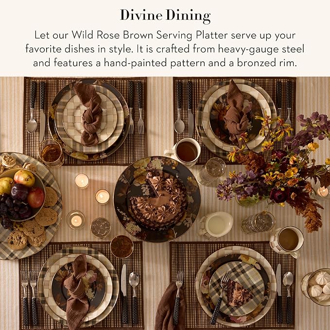 MACKENZIE-CHILDS Enamel Serving Platter, Decorative Serving Platter for Food, 16 Inches, Wild Rose Brown