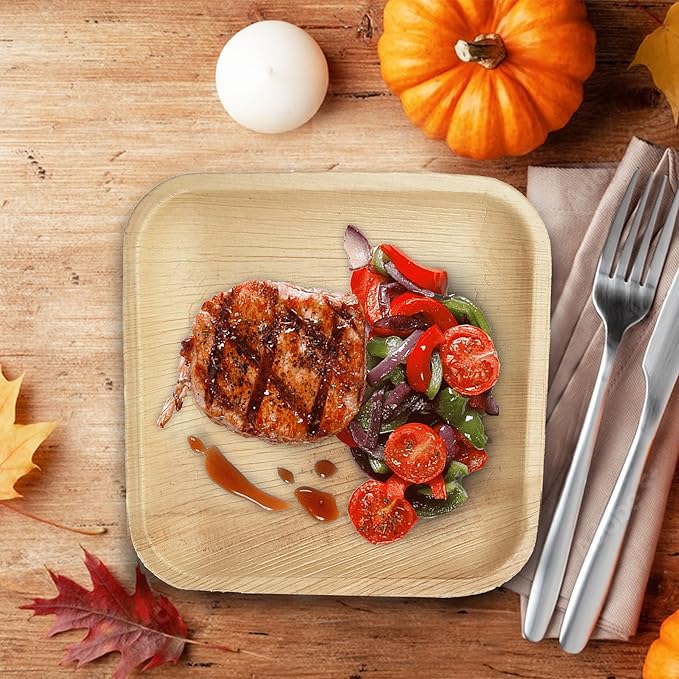 Raj Palm Leaf Plates Disposable Bamboo Plates 10 Inch & 7 Inch Square Party Pack (100 Pc) Compostable and Biodegradable - Better than Plastic & Paper Plate for Lunch, Birthday, Camping