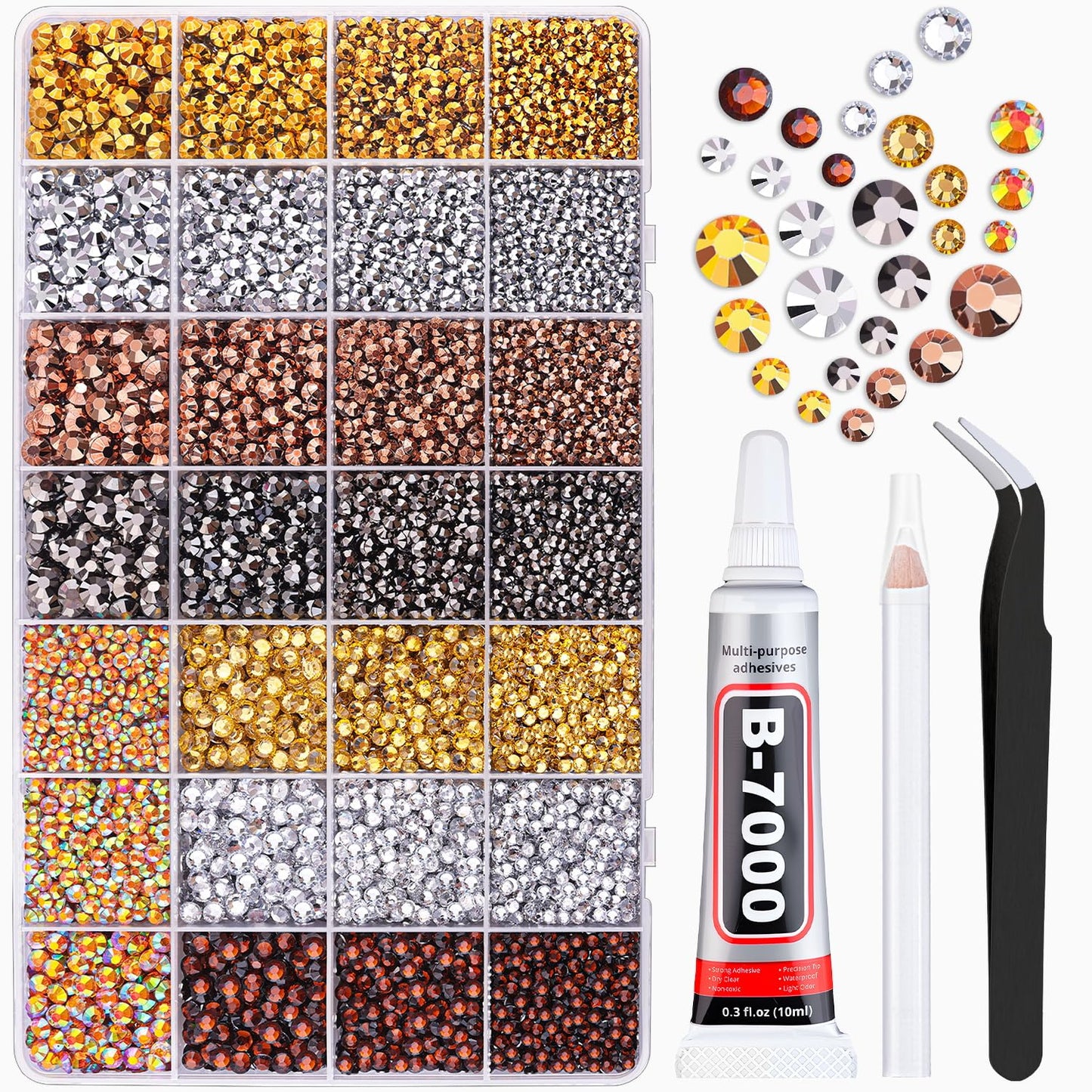 20000Pcs Metallic Rhinestones for Bedazzling with 1Pcs B7000 Jewelry Glue, Resin Rhinestones for Crafting Crafts DIY, Bedazzler Kit Gems for Clothing Shoes Tumblers Nail Art Assorted Size 3/4/5/6mm-BrightBean Baby