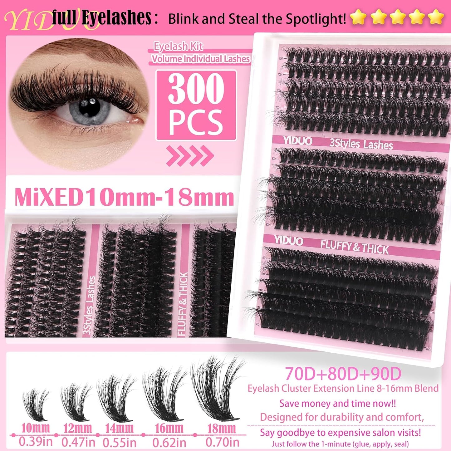 Lashes 7 style Mixed C-Curl False Eyelashes Extensions Clusters Lashes Kit Gift Packs 835Pcs with Bond&Seal Faux Mink Individual Lash Wholesale Pack DIY Individual Fake Eyelashes Box-BrightBean Baby
