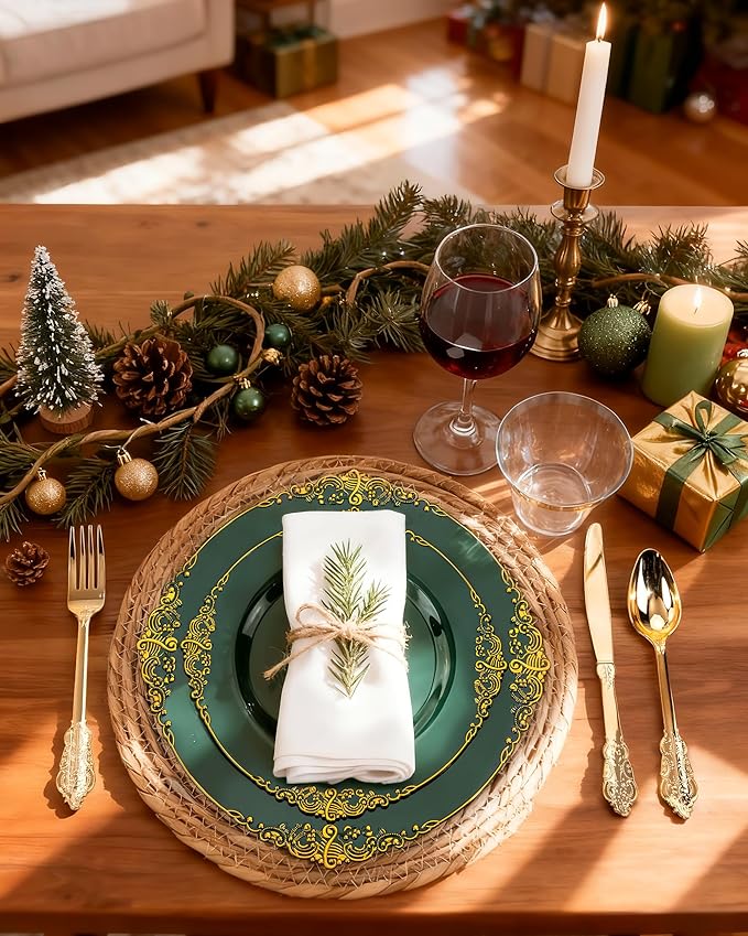 Nervure 350PCS Green Plastic Plates - Green Gold Plastic Dinnerware Sets for 50 Guests - 100 Disposable Plates, 150 Gold Silverware, 50 Cups, 50 Napkins for Wedding & Party & Christmas