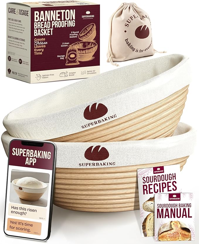 Superbaking 2 pcs Banneton Bread Proofing Basket, 9" Splinter-Free Round Rattan Bread Basket with Liners, Sourdough Starter Kit, Sourdough Bread Baking Supplies & Sourdough Kit, Bread Making Tools