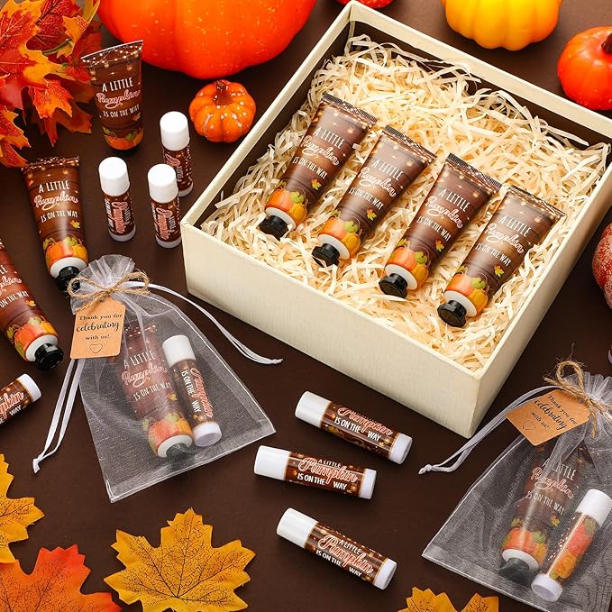 50 Sets 200 Pcs Baby Shower Hand Lotion and Lip Balm Gift Theme Baby Shower Party Favors Travel Size Hand Lotion and Lip Balm Bulk with Organza Bags Tags(Rustic Pumpkin)-BrightBean Baby