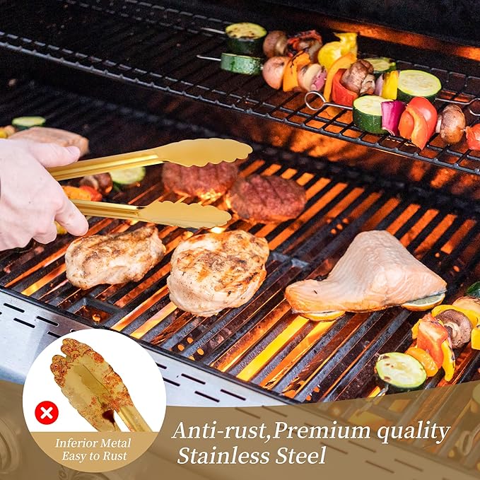 5 Pack Gold Serving Tongs Salad Tongs 9 Inch Buffet Tongs Stainless Steel Food Tong Serving Utensils for Buffet Wedding Party Catering (9 Inch, Gold)