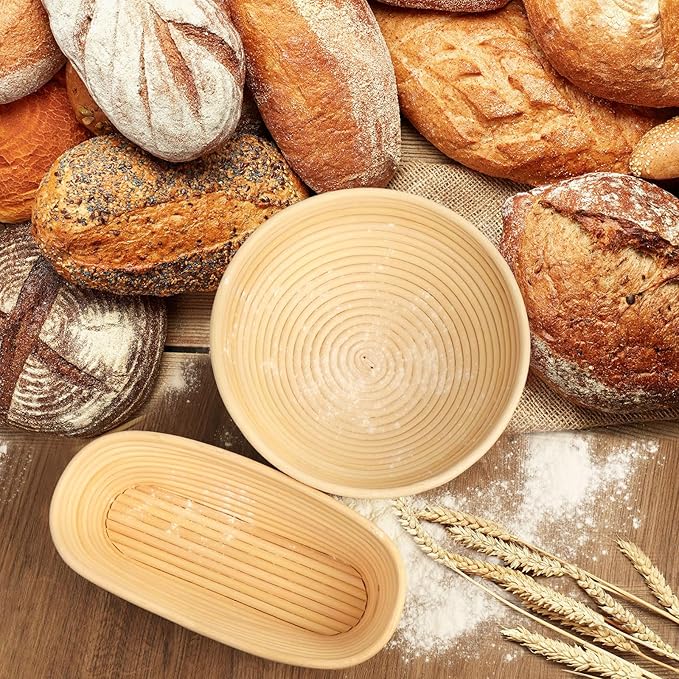 Banneton Bread Proofing Baskets Set of 2, 10" Round & 11" Oval Sourdough Proofing Baskets with Liners, Proofing Baskets for Sourdough Bread Baking