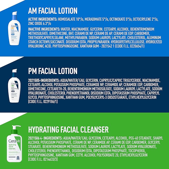 CeraVe AM Face Moisturizer with SPF, PM Face Moisturizer & Hydrating Face Wash Skin Care Routine for Morning & Night | Travel Size Toiletries | 3oz Lotion + 3oz Lotion + 3oz Cleanser-BrightBean Baby