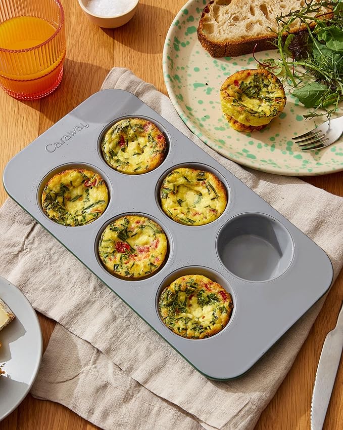 Caraway Nonstick Ceramic 6 Cup Muffin Pan Duo – Non-Toxic, PTFE & PFOA Free – Oven Safe – Aluminized Steel Core – Small Muffin Pan for Baking Cupcakes, Muffins & More - White