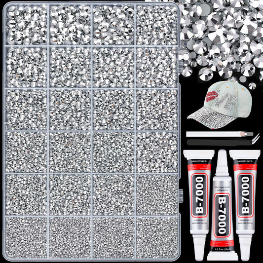 25000Pcs Resin Rhinestones with B7000 Jewelry Glue for Crafting, Silver 2-6mm Non Hotfix Flatback Gems, Bedazzling Crystal for DIY Crafts Clothing Tumblers Mugs Shoes Fabric Decor Nail Art-BrightBean Baby