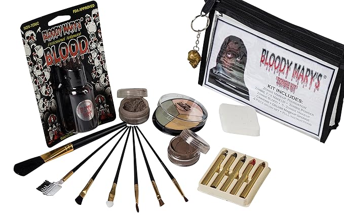 Zombie Makeup Kit By Bloody Mary - Halloween Costume Special Effects Palette - Walking Dead FX Makeup Tools - 5 Crayons, Blood, Setting Powder, 4 Application Brushes, 1 Sponge - Carrying Case Included-BrightBean Baby