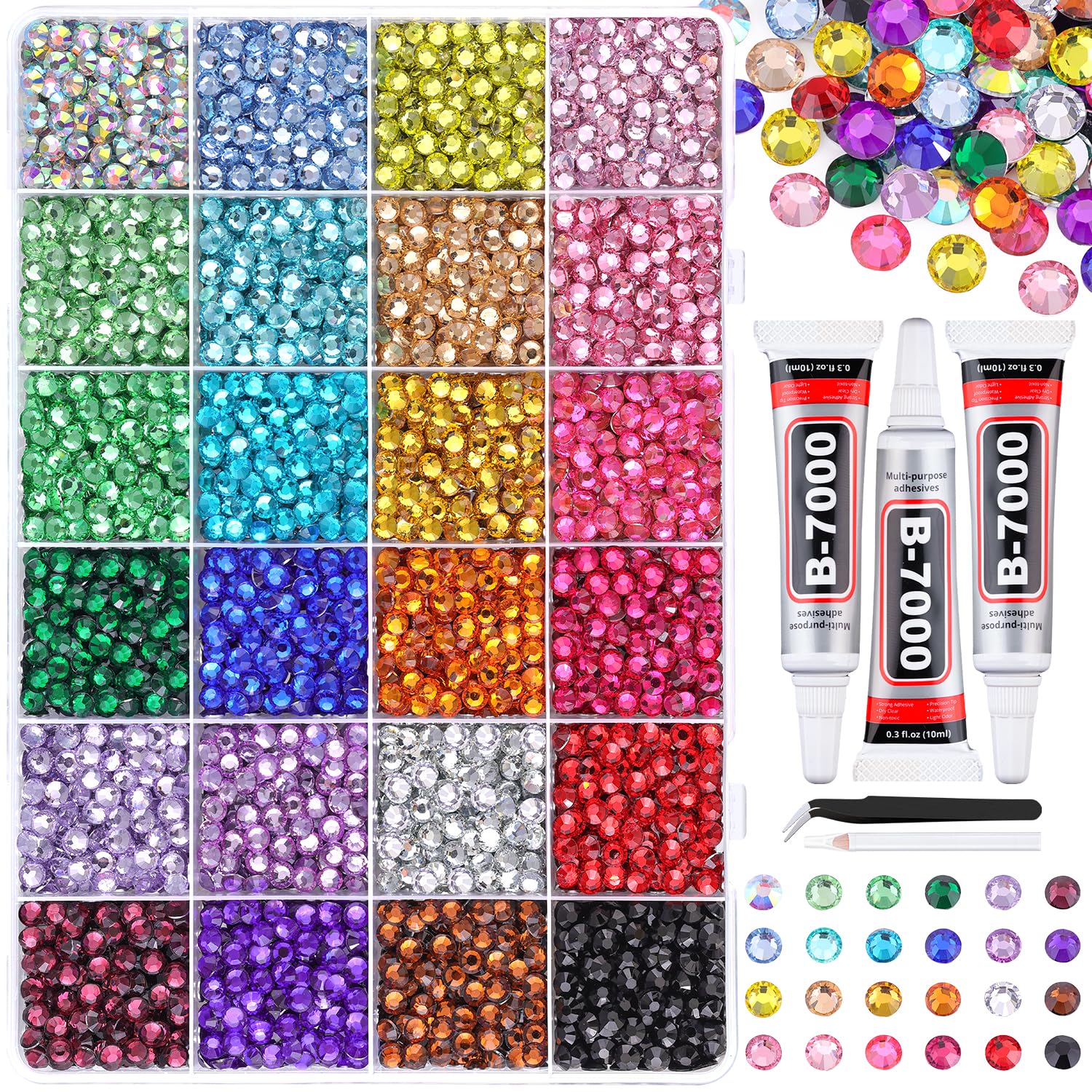 6600Pcs Resin Rhinestones for Bedazzling with Tweezers, Multicolor 5mm Rhinestones for Crafting with 3Pcs 10ml B7000 Jewelry Glue for DIY Crafts Clothing Tumblers Shoes Fabric Nail Art-BrightBean Baby