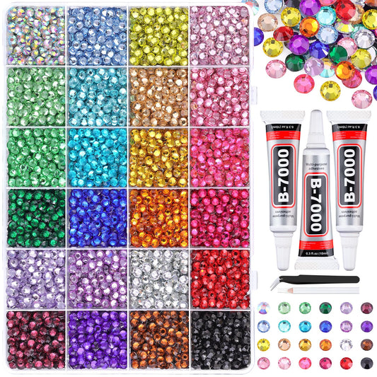 6600Pcs Resin Rhinestones for Bedazzling with Tweezers, Multicolor 5mm Rhinestones for Crafting with 3Pcs 10ml B7000 Jewelry Glue for DIY Crafts Clothing Tumblers Shoes Fabric Nail Art-BrightBean Baby
