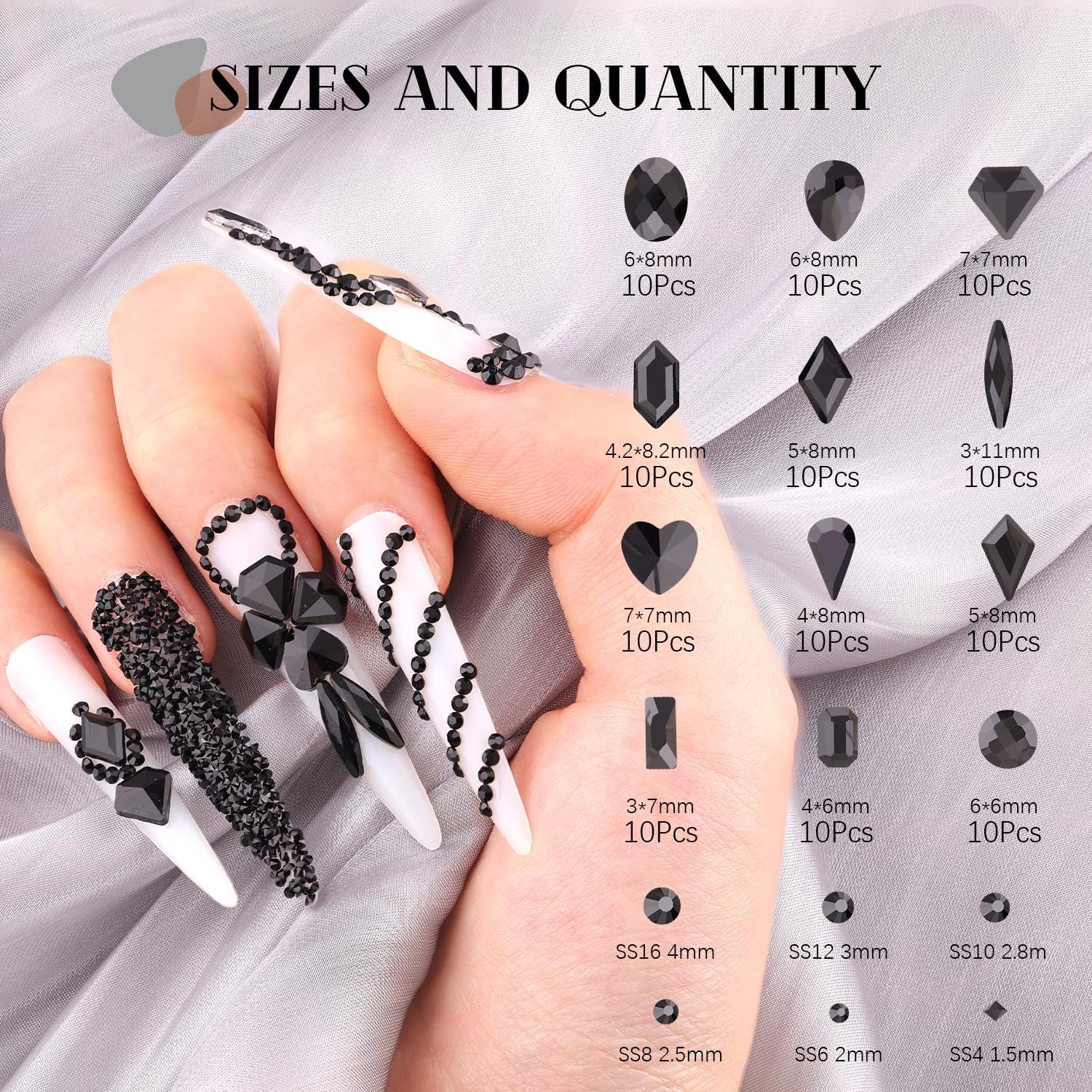 2630Pcs Black Glass Nail Rhinestones: 120Pcs Multi Shapes + 2510Pcs 1.5-4mm Round, Nail Art, Manicure, Craft Beads-BrightBean Baby