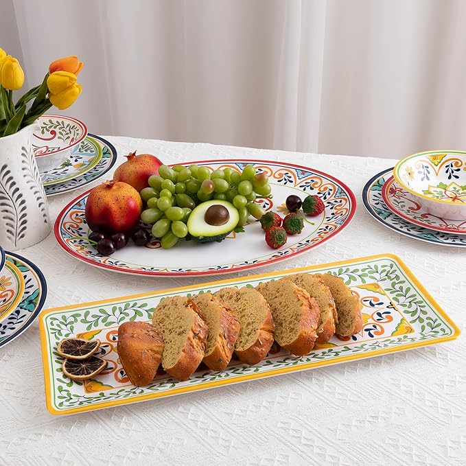Melamine Serving Platter, Set of 2,Talavera Melamine Large Serving Tray,19''x8'' Rectangular and 18''x14'' Oval Platter Set. Multi-Color