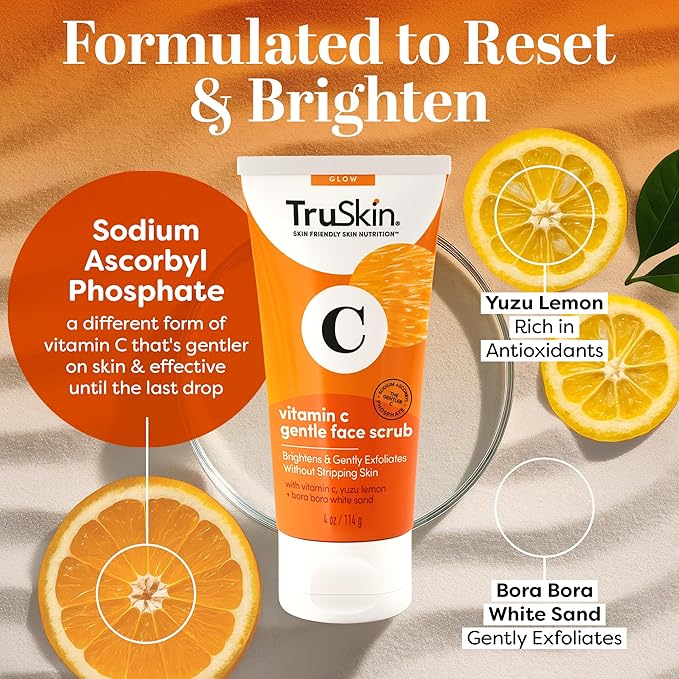 TruSkin Vitamin C Gentle Face Scrub - Brightening Daily Face Exfoliator for All Skin Types - Softens & Smooths Skin with Vitamin C, Yuzu Lemon, and Exfoliating Bora Bora White Sand - 4 Fl. Oz-BrightBean Baby