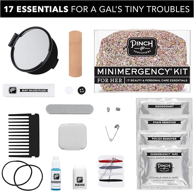 Pinch Provisions Rose Gold Minimergency Kit, includes 17 Travel-Sized Cosmetic Essentials, Convenient for Purses, Emergency Beauty Accessories, Gifts for Holiday’s & Birthday’s-BrightBean Baby