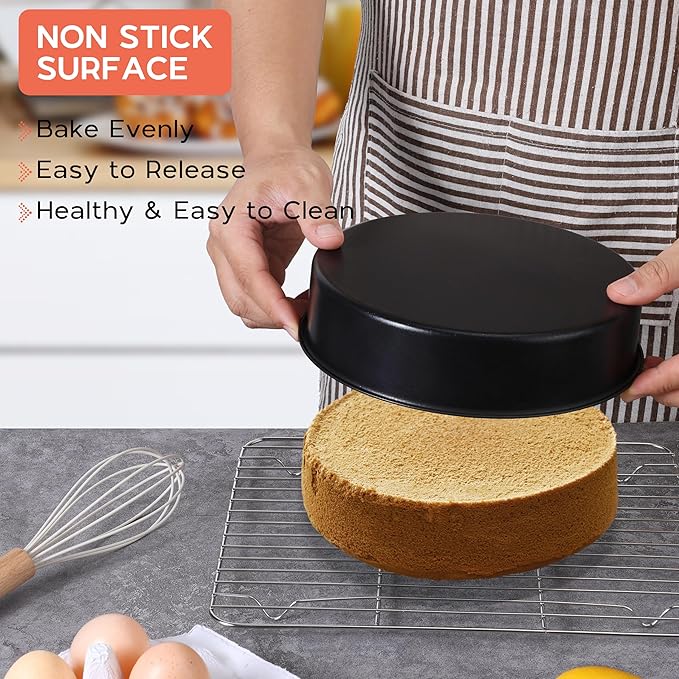 Onader 8 Inch Cake Pan, Stainless Steel Round Smash Cake Bake Pans Set of 3, Nonstick & Non Toxic Birthday Wedding Baking Tins