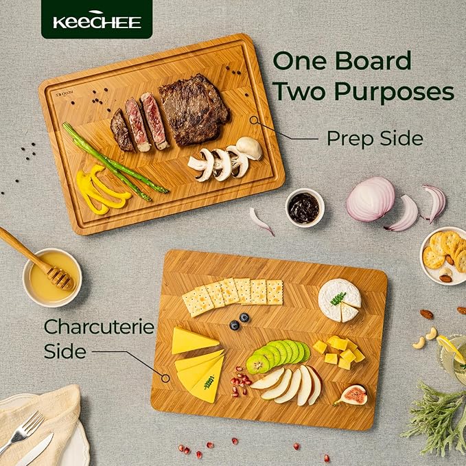 Atelier Collection Bamboo Cutting Board, Reversible Boards for Kitchen with Deep Juice Grooves and Handles, Large Wood Chopping Board for Cooking and Serving, Handcrafted Luxury Cutting Board