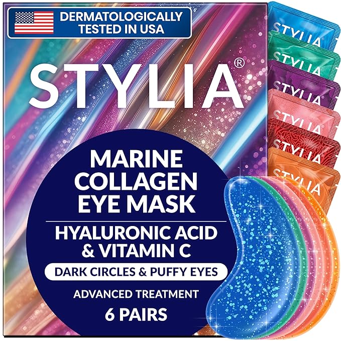 Stylia Under Eye Patches for Puffy Eyes and Dark Circles (6 Pairs) - Marine Collagen Under Eye Mask with Vitamin C, Hyaluronic Acid, Pearl Extract - Eye Masks for Dark Circles and Puffiness-BrightBean Baby