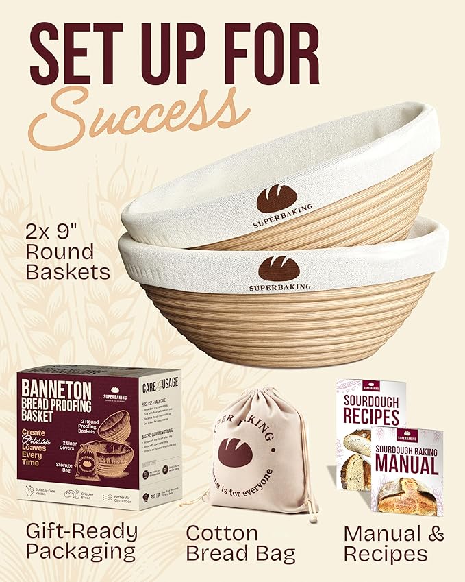 Superbaking 2 pcs Banneton Bread Proofing Basket, 9" Splinter-Free Round Rattan Bread Basket with Liners, Sourdough Starter Kit, Sourdough Bread Baking Supplies & Sourdough Kit, Bread Making Tools
