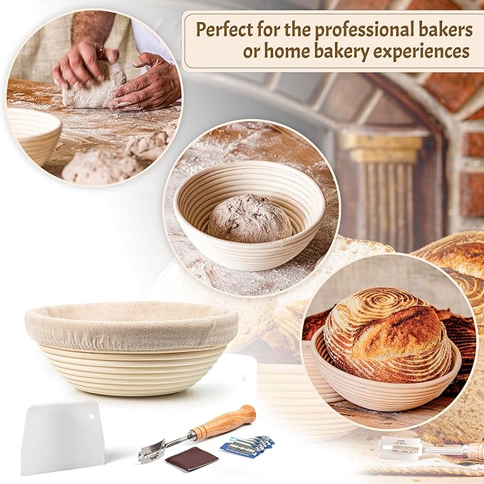 Sourdough Bread Baking Supplies Starter Kit, Banneton Proofing Basket Round 9" Set of 2, Gift Set