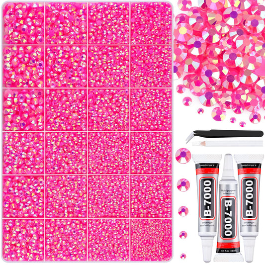 30000Pcs Resin Hot Pink AB Rhinestones for Bedazzling Crafting with b7000 Jewelry Glue, Bulk Flatback Gems Bedazzler Kit for Crafts Clothes Shoes Fabric Nail Diamond Art, Assorted Size 2/3/4/5/6mm-BrightBean Baby