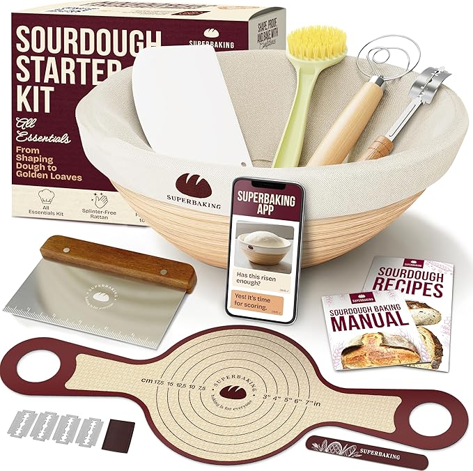 Superbaking Banneton Bread Proofing Basket Set with Silicone Dough Sling, 9" Splinter-Free Proofing Basket, Non-Stick Dutch Oven Liner, Sourdough Starter Kit, Sourdough Bread Baking Supplies & Tools