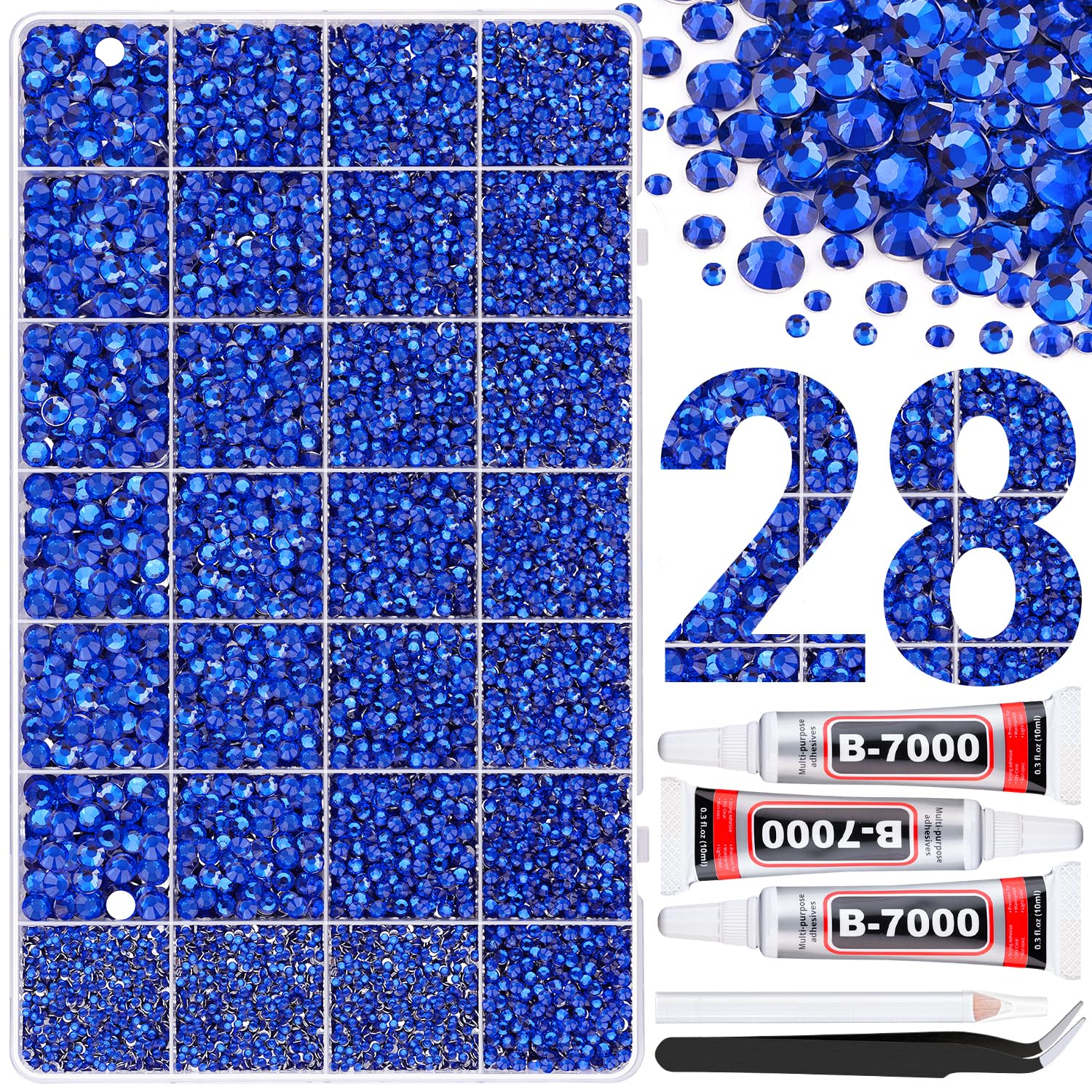 30000Pcs Resin Rhinestones for Bedazzling with 3Pcs B7000 Jewelry Glue, Royal Blue Flatback Gems Rhinestones for Crafting, Clothing Tumblers Mugs Shoes Fabric Decor Nail Art-BrightBean Baby