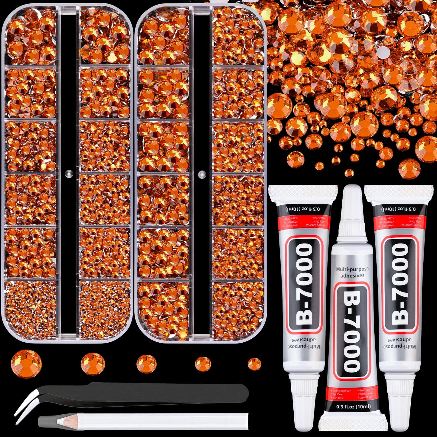 Resin Rhinestones for Crafting with B7000 Jewelry Glue, 2 Boxes Orange Flatback Crystals with 3Pcs 10ml Glue for Bedazzling Crafts DIY Nail Art Makeup，Non Hotfix Gems for Clothing Shoes-BrightBean Baby