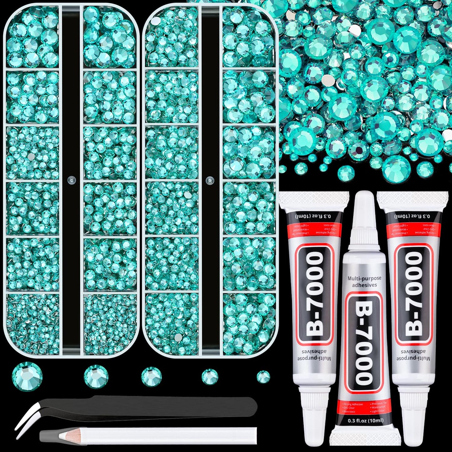 Resin Rhinestones for Crafting with B7000 Jewelry Glue, 2 Boxes Aquamarine Flatback Crystals with 3Pcs 10ml Glue for Bedazzling Crafts DIY Nail Art Makeup, Gems for Clothing Shoes-BrightBean Baby