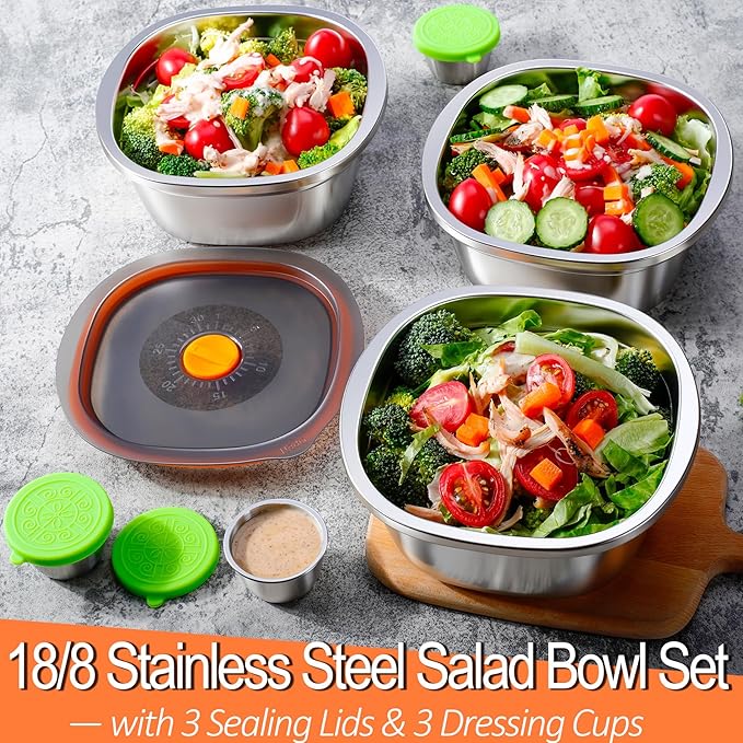 KTKUDY 3 Pack Stainless Steel Salad Bowls with Lids & Dressing Cups - 50 oz Leakproof Salad Containers for Meal Prep & Lunch To Go, Dishwasher Safe