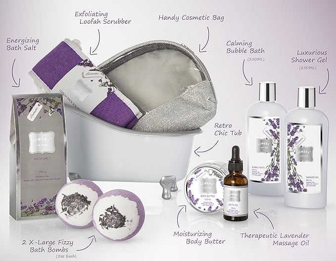 Bath Gift Basket Set for Women: Relaxing at Home Spa Kit Scented - Lavender and Jasmine with Large Bath Bombs, Salts, Shower Gel, Body Butter Lotion, Bath Oil, Bubble Bath, Loofah & More-BrightBean Baby