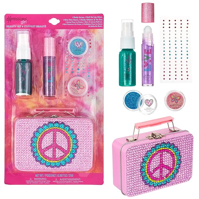 Expressions 6pc Peace & Rhinestones Beauty Set w/Tin Box Storage Case - Body Spray, Body Glitter, Mini Body Gems, and Lip Gloss Set,Washable + Non Toxic-BrightBean Baby