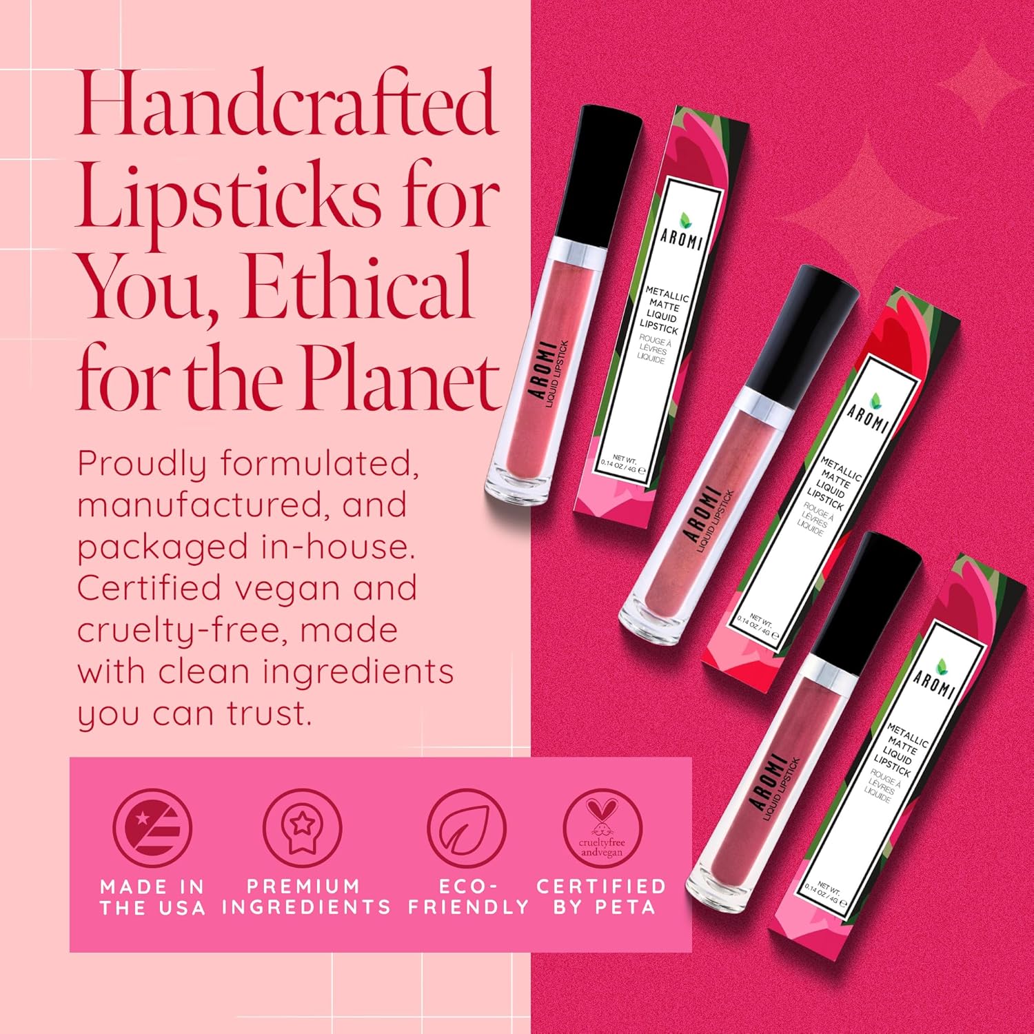 Aromi Metallic Liquid Lipstick | Long-lasting, Smear, Smudge, + Transfer Proof, Waterproof, Light, Baby Pink Lip Color with Shimmery Finish, Paraben + Phthalate Free (Pink Sugar)-BrightBean Baby