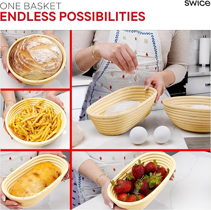 Swice Bread Proofing Basket Set, 9-Inch Round & 10-Inch Oval Banneton Sourdough Starter Kit with Lame, Dough Scraper, Linen Liner, and Basting Brush, Complete Bread Making Supplies and Tools