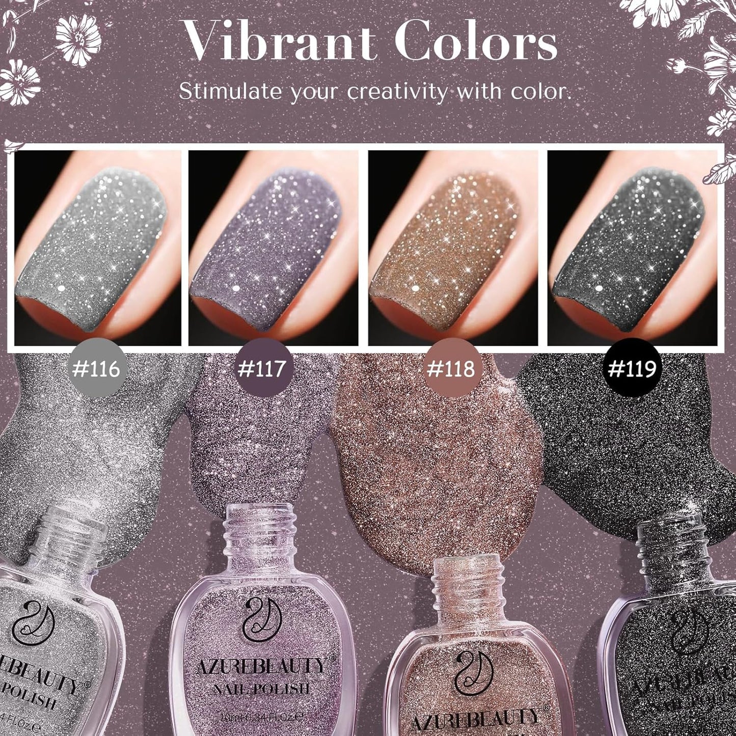 AZUREBEAUTY Matte Glitter Nail Polish Set 4 Colors Diamond Platinum Silver Purple Black Nude Nail Polish Quick Dry Natural Nail Kit with Top Coat DIY Salon Home-BrightBean Baby