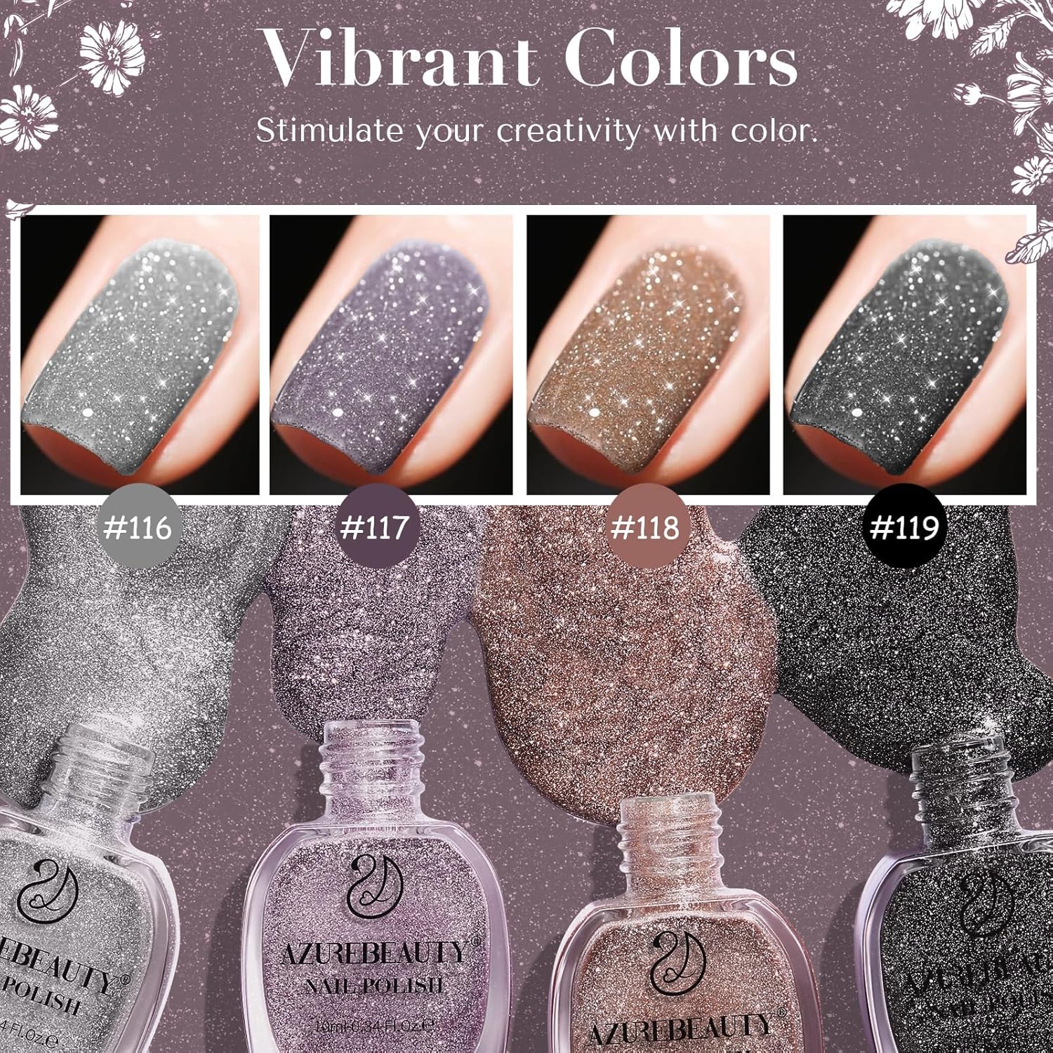 AZUREBEAUTY Matte Glitter Nail Polish Set 4 Colors Diamond Platinum Silver Purple Black Nude Nail Polish Quick Dry Natural Nail Kit with Top Coat DIY Salon Home-BrightBean Baby