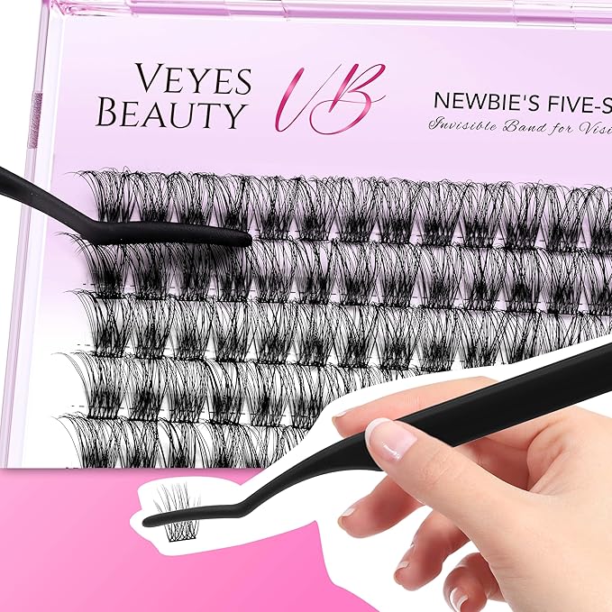 VEYESBEAUTY Lash Clusters Individual Eyelash Extensions Thin & Invisible Band DIY False Eyelashes for Self-application Newbie's Five-Second Series Wispy Lash Tray, Boldeye 10mm Single Length-BrightBean Baby