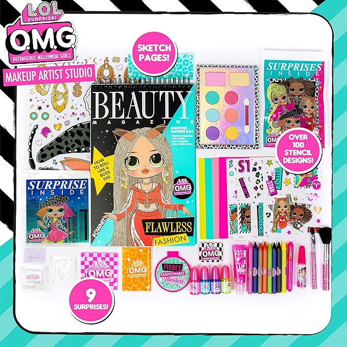 Horizon Group USA LOL OMG Make Up Artist Studio, DIY Craft Kit, Design with Brushes, Crayons & Stickers.Use Stencils to Color in Make-Up.Nail Polish, Decals & Surprise Blind Bags Included-BrightBean Baby