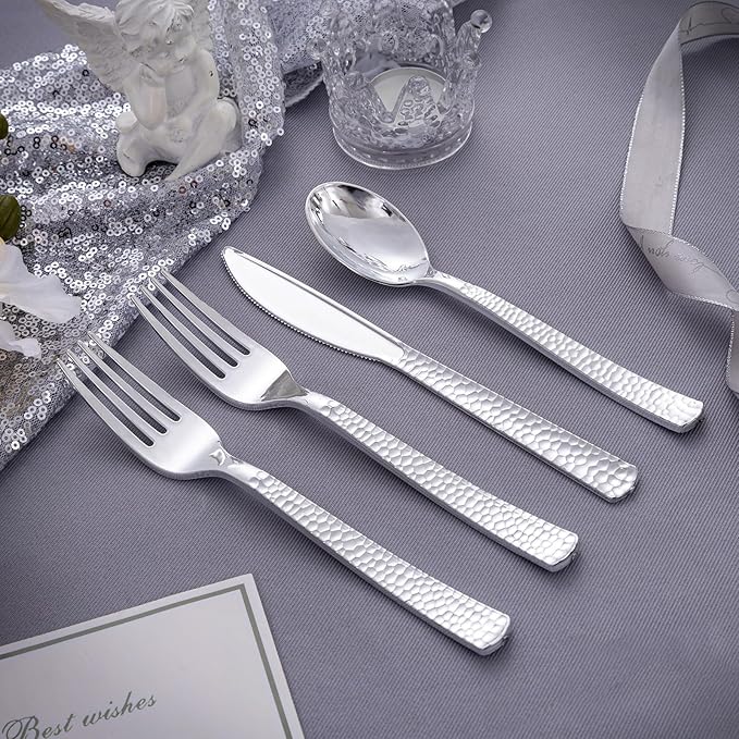 KIRE 400PCS Silver Plastic Silverware - Disposable Silverware, Heavy Duty Plastic Silverware Set Include 200 Silver Forks,100 Silver Knives,100 Silver Spoons for Party,Wedding for Christmas