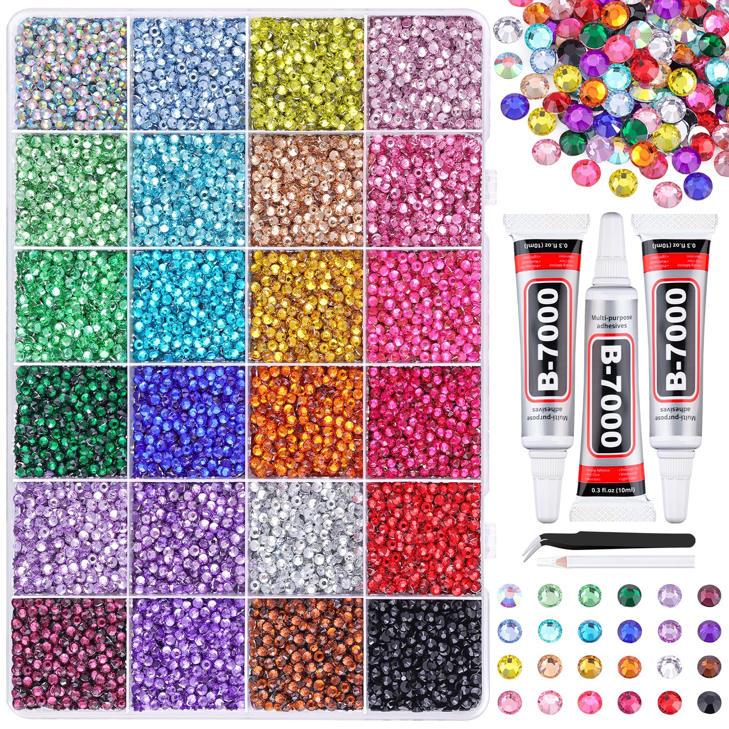 24000Pcs Resin Rhinestones for Bedazzling with Tweezers, Multicolor 3mm Rhinestones for Crafting with 3Pcs 10ml B7000 Jewelry Glue for DIY Crafts Clothing Tumblers Shoes Fabric Nail Art-BrightBean Baby